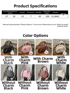 Größentabelle für PU-Handtasche mit Maßen und Farbvarianten in Schwarz, Rosa, Braun, Weiß
