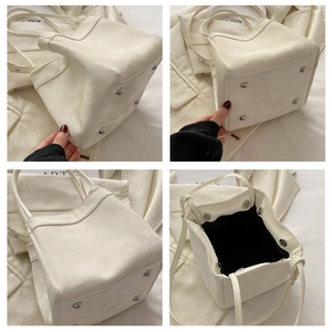 Detailed views of white PU bucket bag featuring magnetic closure and metal bottom studs