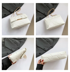 Detailed four-way view of white quilted crossbody bag with gold chain and metal buckle