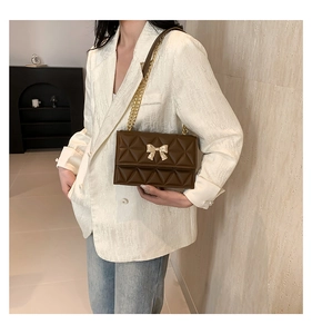 Nahaufnahme der braunen Stepptasche mit goldenem Bogenschloss an einem Modell