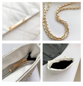Detailed views of white quilted crossbody bag with gold chain strap and metal clasp