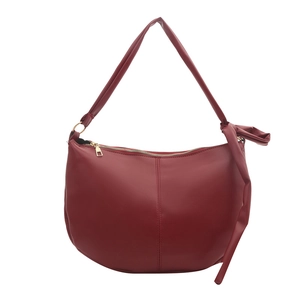 Retro burgundy PU leather half-moon shoulder bag with a knotted strap and golden zipper