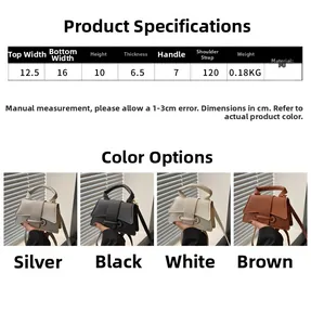 Detailed size specifications and color options for the mini PU leather crossbody handbag