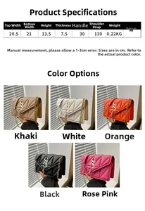 Size chart showing dimensions for women's quilted chain crossbody bag in five colors
