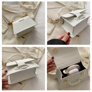 Detailed views of a white mini leather bag showing internal storage for lipstick and earbuds