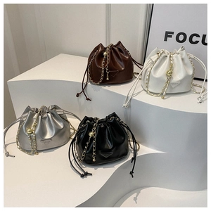 Fashion drawstring bucket bags in four colors with chain straps and metallic PU leather