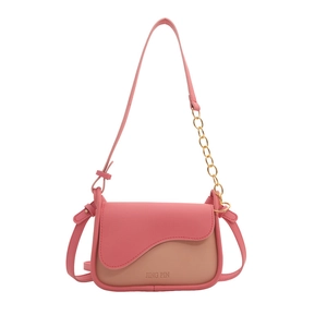 Pink and tan contrast shoulder bag with trendy gold chain strap and curved flap