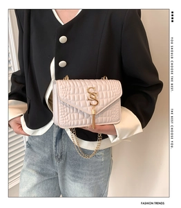 Détail du mini sac blanc gaufré crocodile avec logo SS doré et bandoulière en chaîne