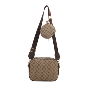 Classic brown checkered crossbody bag with detachable round coin purse and wide strap