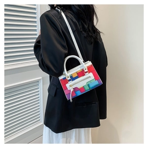 Colorful geometric checkered handbag for women with tetris block design and top handle