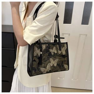 Retro silk texture tote bag with golden butterfly embroidery and decorative tassel