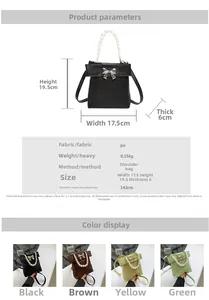 Detail view of mini PU crossbody bag with pearl handle, metal bow and size specifications