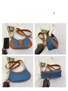 Detailed views of the retro denim and brown leather patchwork underarm crescent bag