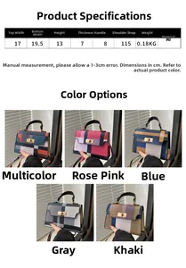 Detailed size chart and multi-color options for the checkered PU leather crossbody bag