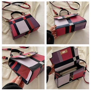 Detailed four-angle view of colorful plaid crossbody bag with gold hardware and interior