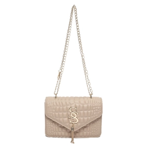 Chic beige crossbody bag with gold chain strap and crocodile embossed leather texture