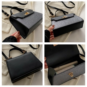 Detail view of contrast handbag featuring silver glitter finish and gold twist lock closure