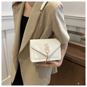 Close-up of white crossbody flap bag featuring gold SS logo and chain tassel detail