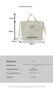 Detailed size chart and dimensions guide for the canvas tote bag with strap specs