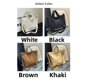 Detailed four-grid view of canvas tote bags in white, black, brown, and khaki colors