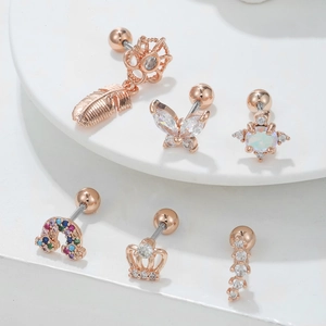 Rose gold feather and butterfly earrings set with sparkling crystals and opals