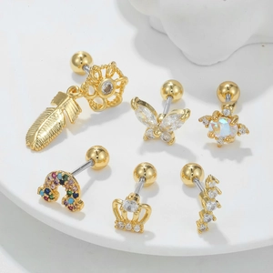 6-piece 18k gold plated feather and butterfly surgical steel ear stud set with colorful stones