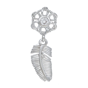 Detailed view of silver feather pendant with zircon stone and woven flower design