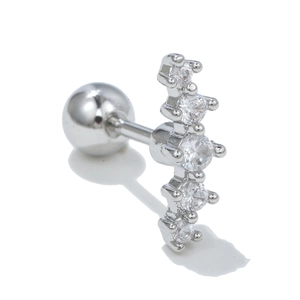Detailed side view of silver barbell ear stud with five sparkling zircon stones