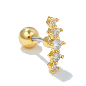 Close-up of a curved 18k gold-plated stud earring with five graduated clear zircons and a screw back