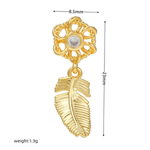Detail view of 18k gold feather stud earring with dimensions 8.5mm and 23mm