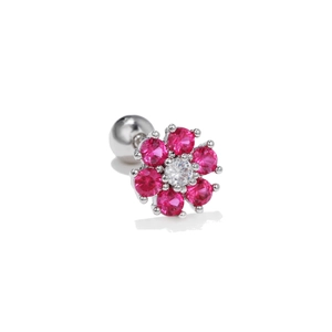 Floral titanium steel ear stud with micro-set zircon and pink gemstones on white background
