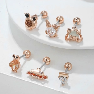 Set of 6 rose gold stainless steel animal stud earrings with zircon animal shapes