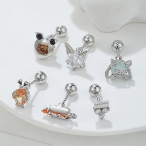 6pcs 18k gold plated surgical steel bear and fox piercing stud earring set with zircon