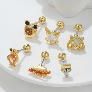 Set of six 18k gold plated cartoon character stud earrings with colorful crystals
