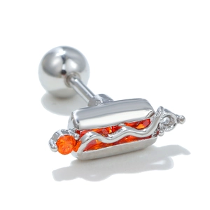 Detailed close-up of hot dog shaped piercing earring with orange cubic zirconia inlay
