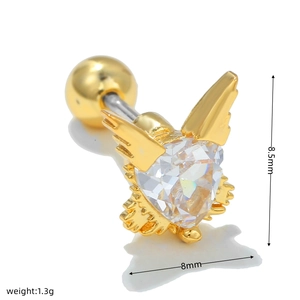 Detail view of 18k gold heart wing stud earring with dimensions 8.5mm by 8mm