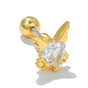 18K gold-plated heart zircon stud earring with cute wing design and ball screw back