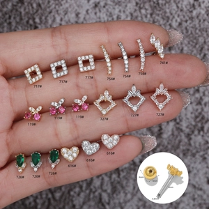 Zircon Copper Heart Square Cherry Water Drop Stud Earrings For Women Minimalist Piercing Jewelry With Screw Ball Back