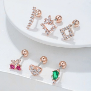 Minimalist heart and cherry rose gold stud earrings with cubic zirconia and screw back