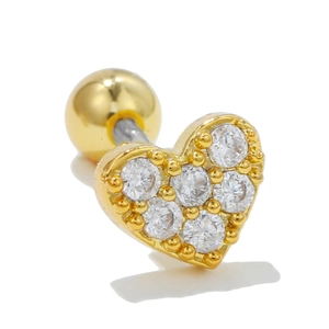 Gold heart cartilage stud earring with cubic zirconia stones and ball screw back
