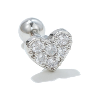 Close-up of heart stud earring with 7 clear zircons and screw ball back design