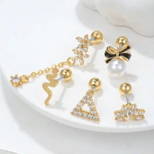 5-teiliges goldene 18k Schlangen und Blumen Ohrstecker Set mit Zirkonias und Perlen