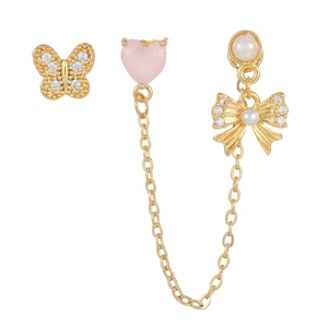 Boucles d'oreilles papillon dorées avec cœur rose, longue chaîne et nœud en perle