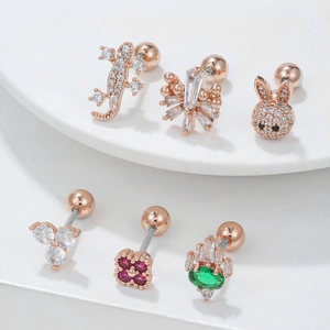 Ensemble de boucles d'oreilles lapin et animaux en or rose 18k avec zircons brillants