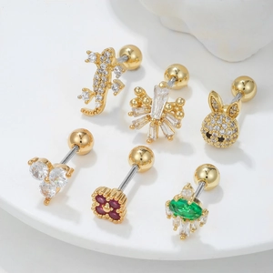 Parure de piercings lapin en or 18k avec lézard en cristal et motifs floraux