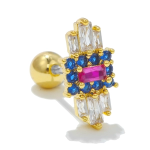 Macro shot of 20G stainless steel heart ear stud with colorful zircon stones and ball back