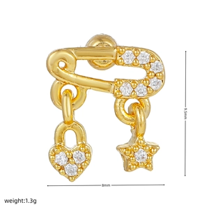 Detailed view of heart and star safety pin earrings with dimensions 9.5mm by 8mm