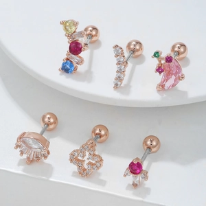 Fashionable geometric steel stud earrings with colorful zircon and rose gold coating