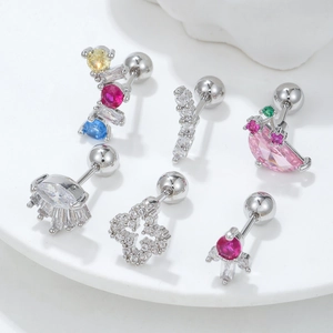 Surgical stainless steel stud earrings set with colorful cubic zirconia and ball backs