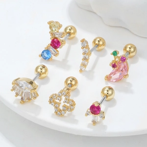 Set of gold stainless steel cartilage studs with colorful geometric zircon stones